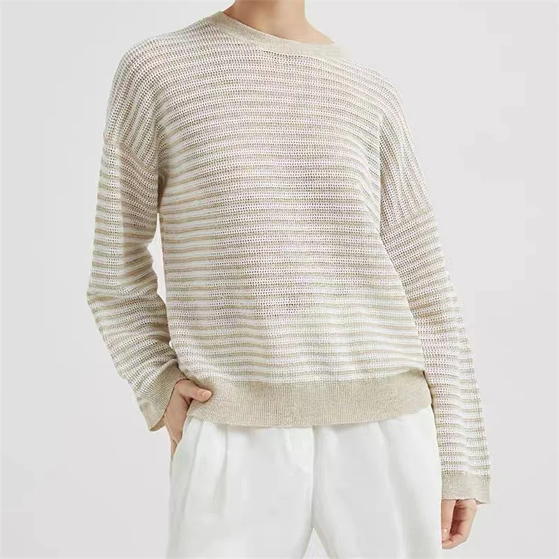 

Women's sweater New elastic knitted round neck long sleeved top for autumn 2025 Gold yarn blended striped Knitwear y2k pullover
