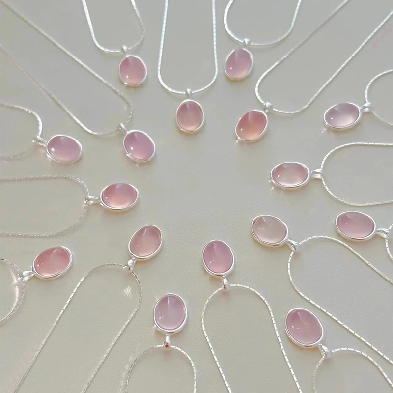 

925 Sterling Silver Oval Pendant Necklace Natural Pink Crystal Moonstone Simple Collarbone Chain Fashion Party Jewelry For Women