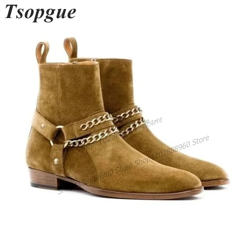 Solid Flock Belt Chain Decor Men Shoes Men's Ankle Boots High Quality Business Runway Casual Party Shoes 2023 Zapatillas Mujer