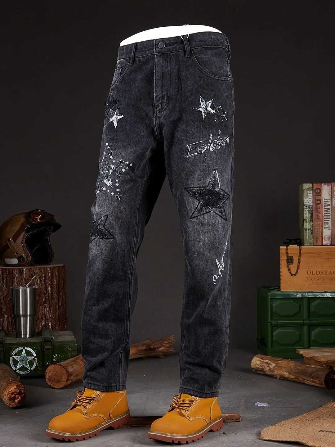 

Модные мужские джинсы с вышивкой и принтом, черные, универсальные, в корейском стиле, облегающие, зауженные, повседневные джинсы