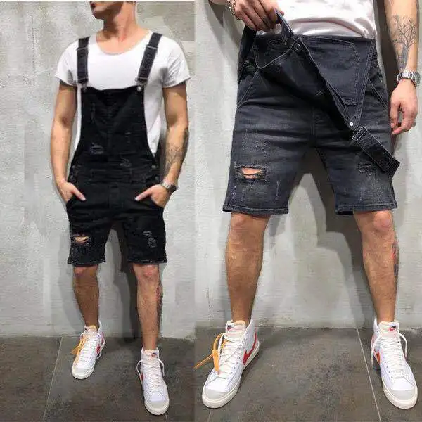 Men Overalls Playsuits Denim One Piece Jeans Shorts Rompers Washing Slim Fit Holes Pockets Distressed Spliced Streetwear 2024