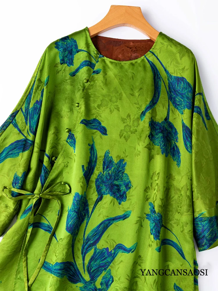Women's Fashion Autumn New Green Printing 100% Natural Mulberry Silk Fragrant Cloud Yarn Jacquard Diagonal Collar Strap Shirt