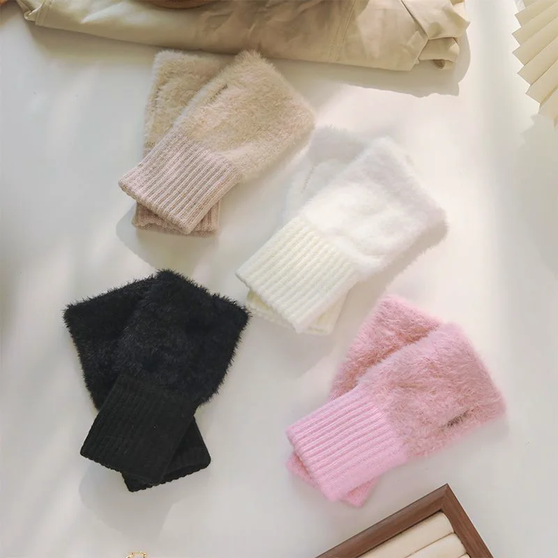 Winter Soft Mink Fleece Half Finger Gloves for Women，Warm Fashionable Solid Color Gloves Wrist Mittens Driving Writing Gloves