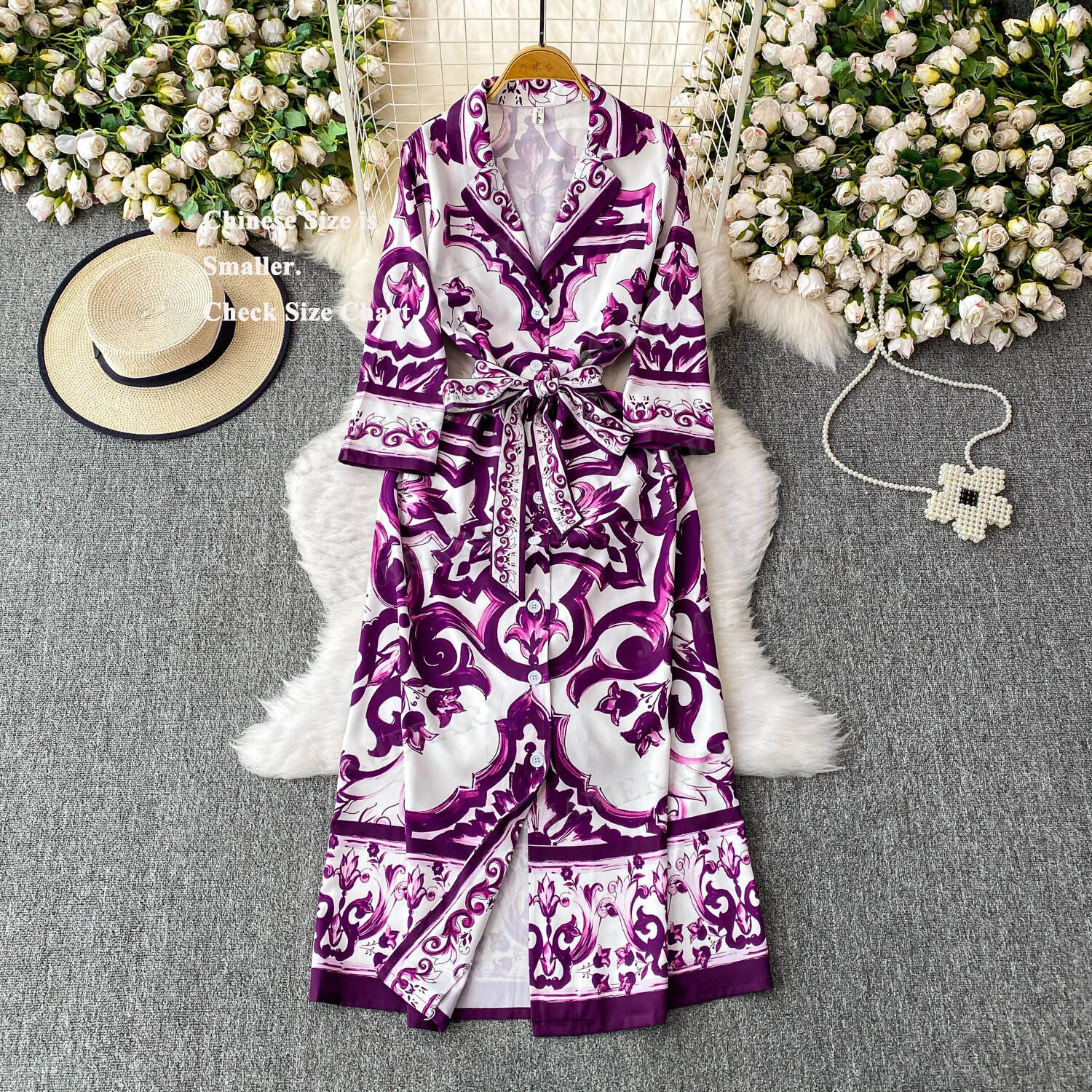 Herbst Pocelain Print Midi Kleider Hemd Frauen Einreiher Schnürsenkel Gürtel Druck Langes Kleid Lose Große Größe Böhmischen Urlaub robe