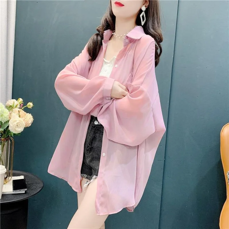 

Blouse Long Sleeve Women Shirt Beach Shirts Korean Fashion Solid Sun Protection Summer Clothes Cover-Ups Streetwear Tops E192