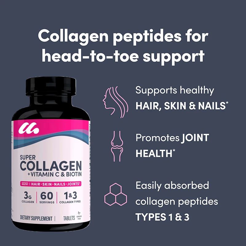 Super collagen protein, containing vitamin C and biotin, skin, hair, and nail supplements, containing antioxidants