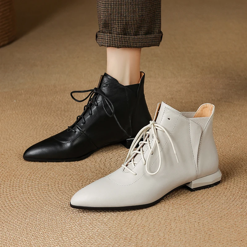 2026 new autumn winter women ankle boots natural leather 22-24.5cm cowhide+pigskin/plush lace-up chelsea boots women short boots