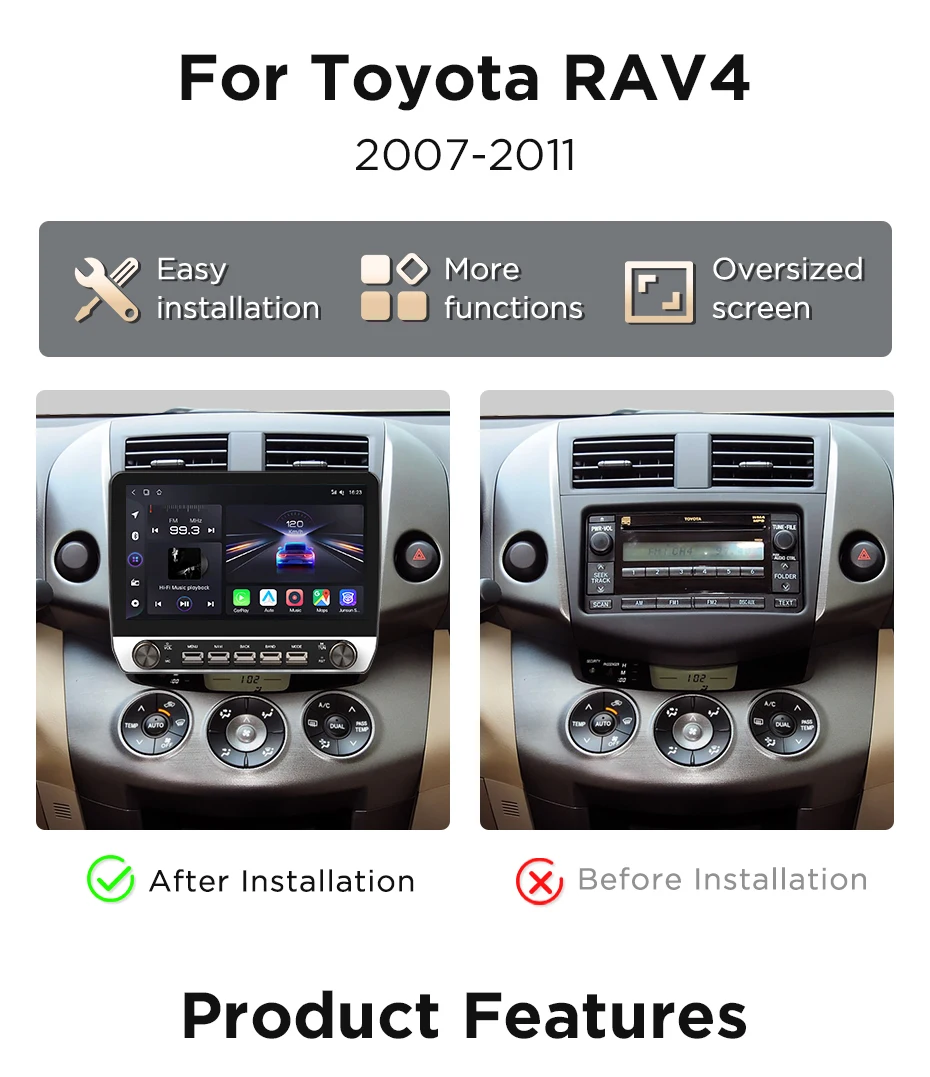 Junsun 10,1-Zoll-Autoradio für Toyota RAV4 4 2005-2013, kabelloses CarPlay, Android Auto, intelligente Systeme, IPS-Touchscreen mit physischen Tasten, DSP, GPS-Navigation, WLAN, DAB+, RDS, FM/RAM, BT, SWC, Plug-and-Play, 2DIN-Multimedia-Player – Detail 4