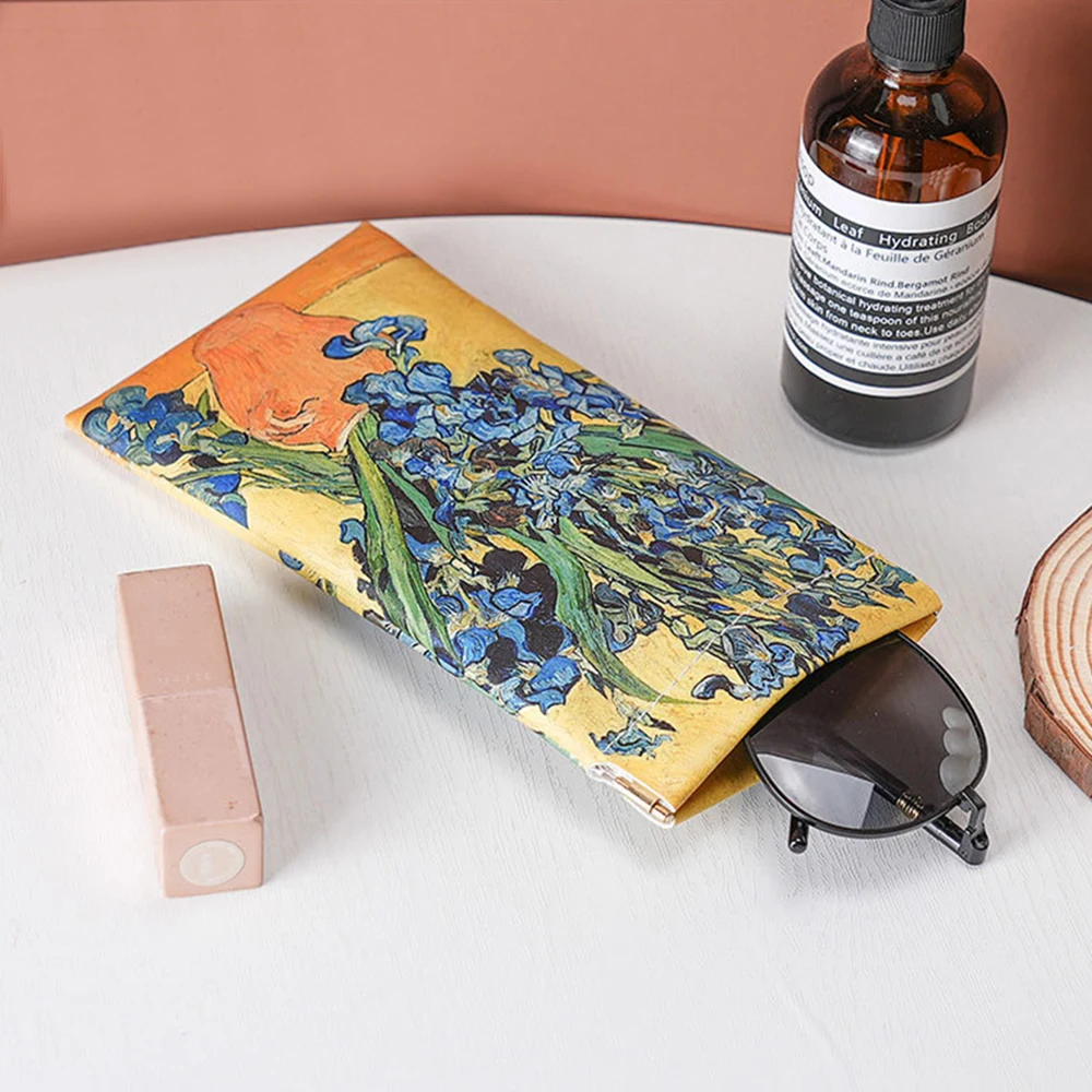 Retro Oil Painting Eyewear Pouch Pu Leather Sunglasses Case Lightweight Automatic Closing Eyeglasses Sleeve Travel Accessory