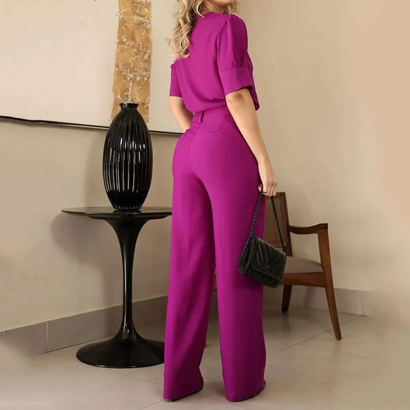 2024 New Summer Autumn Fashion Commuter Round Neck Mid-sleeve High Waist Wide Leg Pants Fashion Leisure Suit Women Two-piece Set