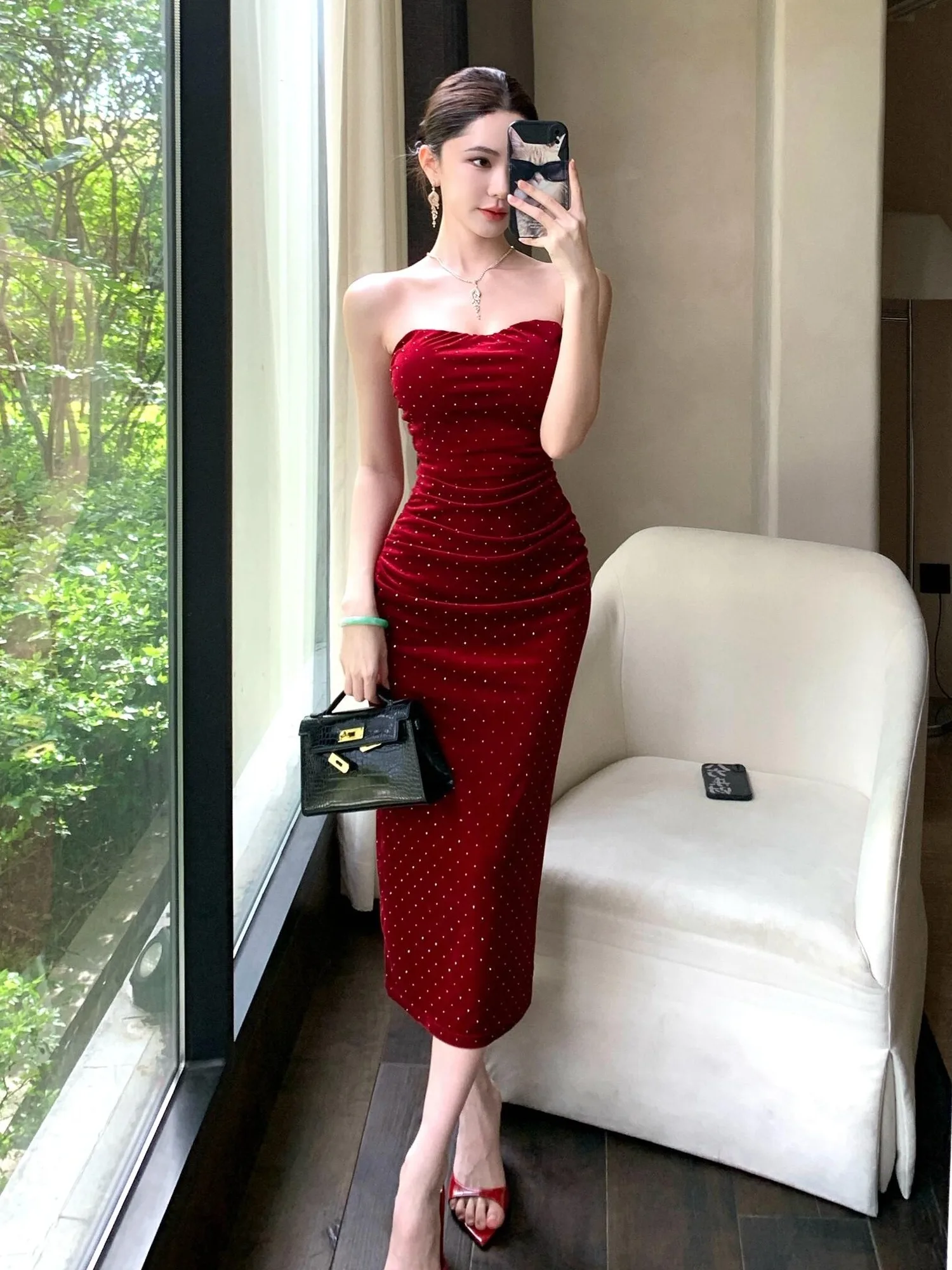 

Sexy Retro Polka Dot Red Tube Dr Slim Fit Beautiful Unique Gown High Waist Svel Materni Women's Autumn Dr