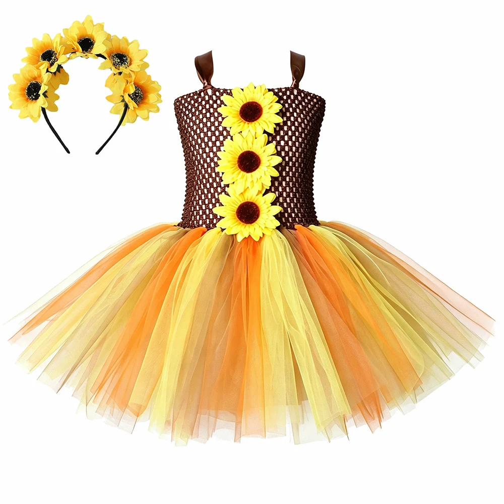 Autumn Sunflower Fairy Costume for Girls Thanksgiving Tulle Princess Tutu Dress Kids Halloween Party Stage Performance Clothes