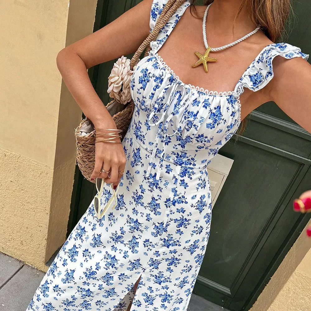 

Women's Floral Lace-up Drawstring Puff Sleeve Dress, Summer New Holiday Style Beach Casual Long Dress