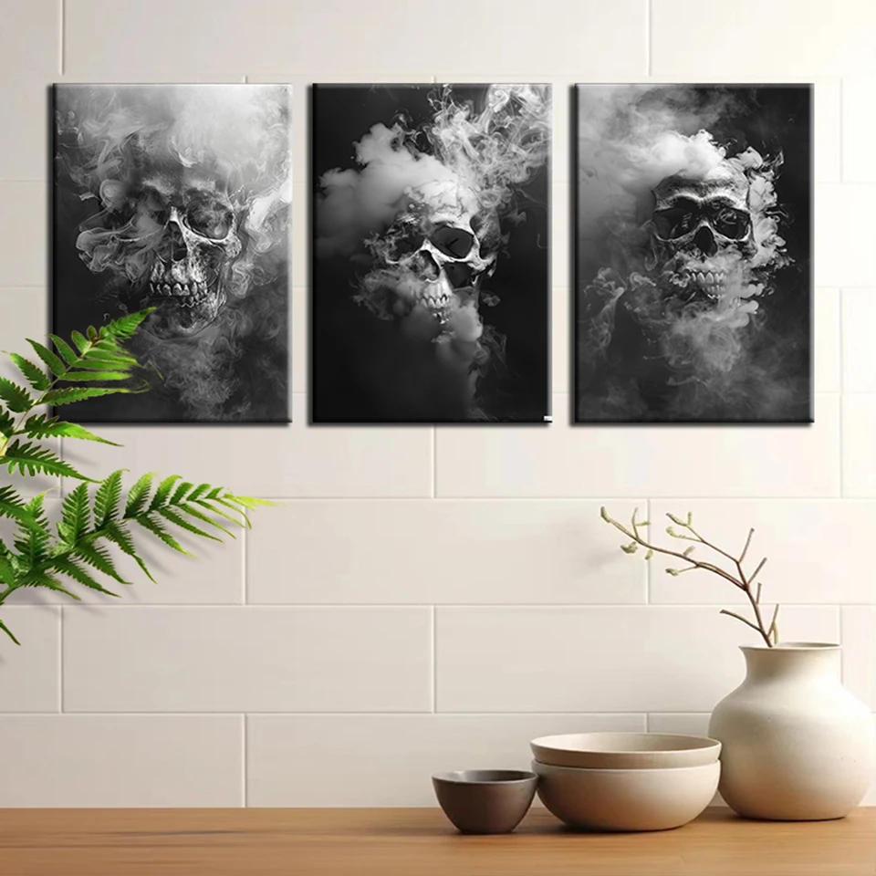 Skull in Smoke Triptych 3pcs Diamond Painting Perfect for Home, Living Room, Coffee Shops & Offices - Luxurious Decor