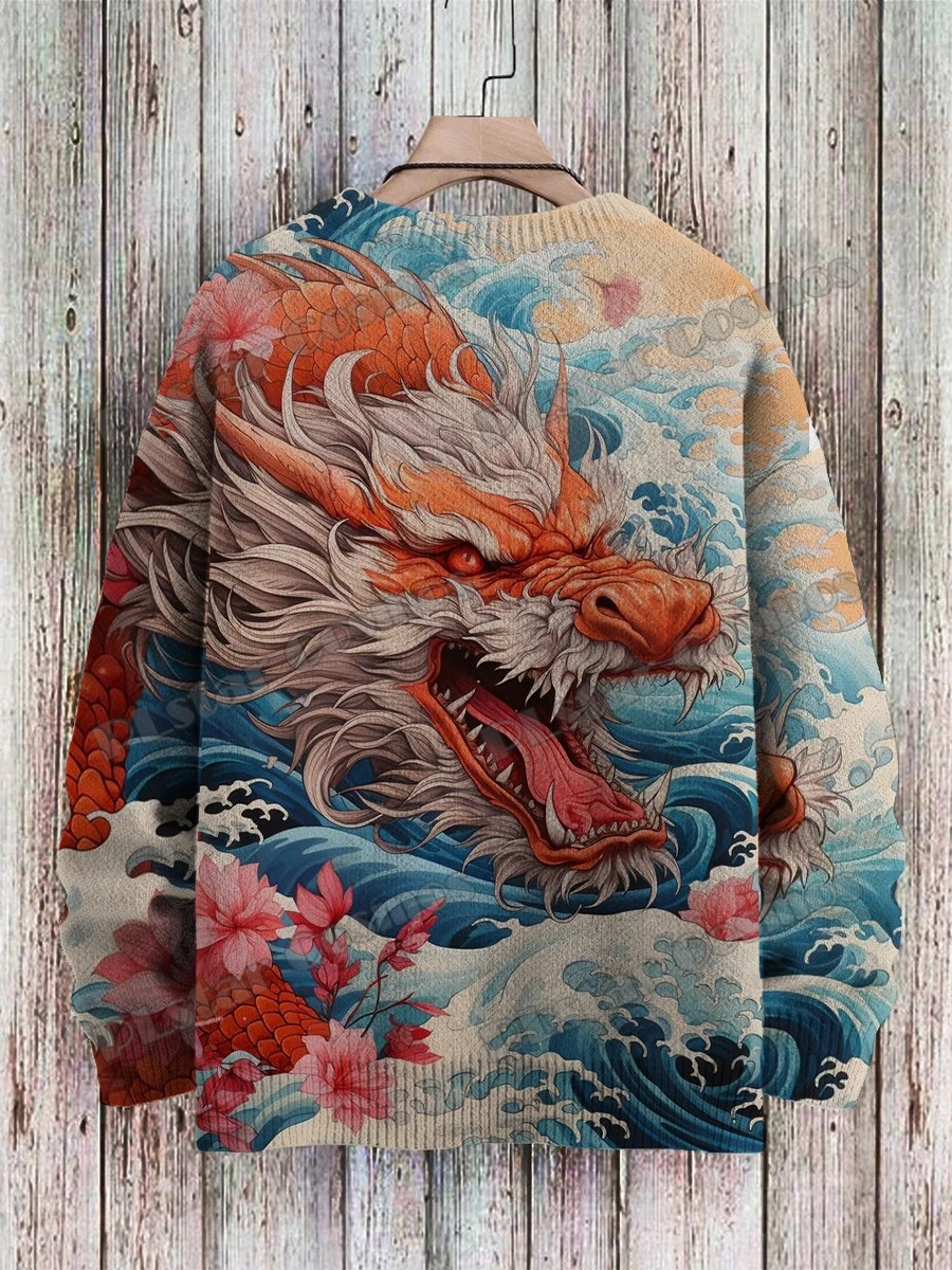 PLstar Cosmos Retro Dragon & Deer Art Pattern 3D Printed Mens Knitted Pullover Winter Unisex Casual Knit Pullover Sweater ZZM118