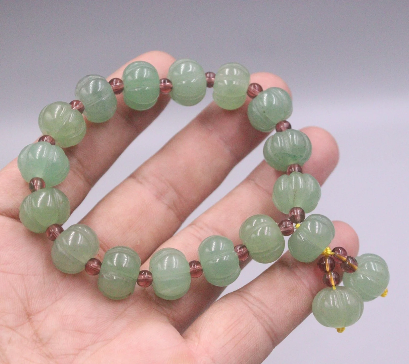 Natural Aventurine Jade Lucky Men Women 13mm Width Carved Pumpkin Beaded Bracelet
