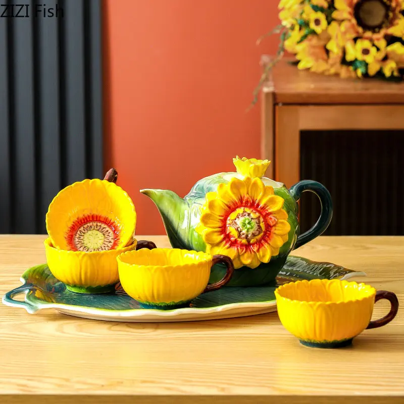 Ceramic Tea Set Afternoon Tea Accessories Sunflower Relief Artificial Yellow Flower Coffee Mug Tray Teapot Kettle Teacup