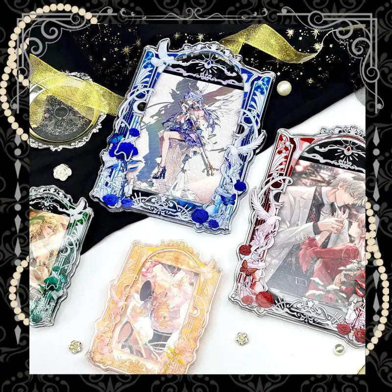 Royal Blue Rose Dove Acrylic Card Frame, Vintage Ornate Photo Holder for 3/6 Inch Anime Photocard Badge Collectible Display Case