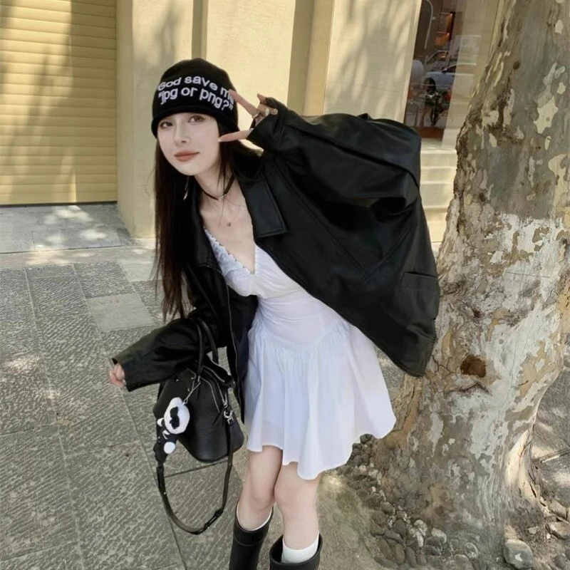 Automne 2024 femmes coupe ample décontracté Bla cuir Jaet Long Sve moto Jaet ort vêtements d'extérieur effet minceur