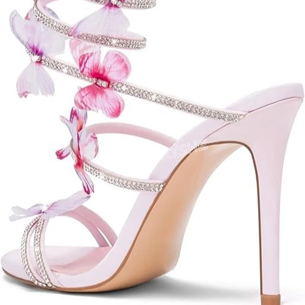 Sandalias de aguja de mariposa rosa para mujer, zapatos de punta redonda, tacón alto fino, con diamantes de imitación, para fiesta, verano, 2024