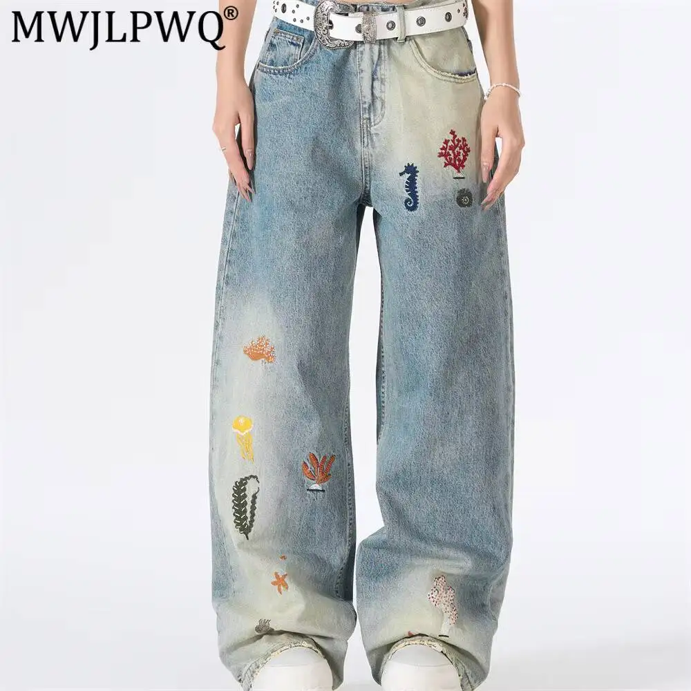 MWJLPWQ Embroidered Gradient Washed Jeans Hip-Hop Trendy Design Distressed Wide-Leg Straight Pants For Men Spring Autumn 17411