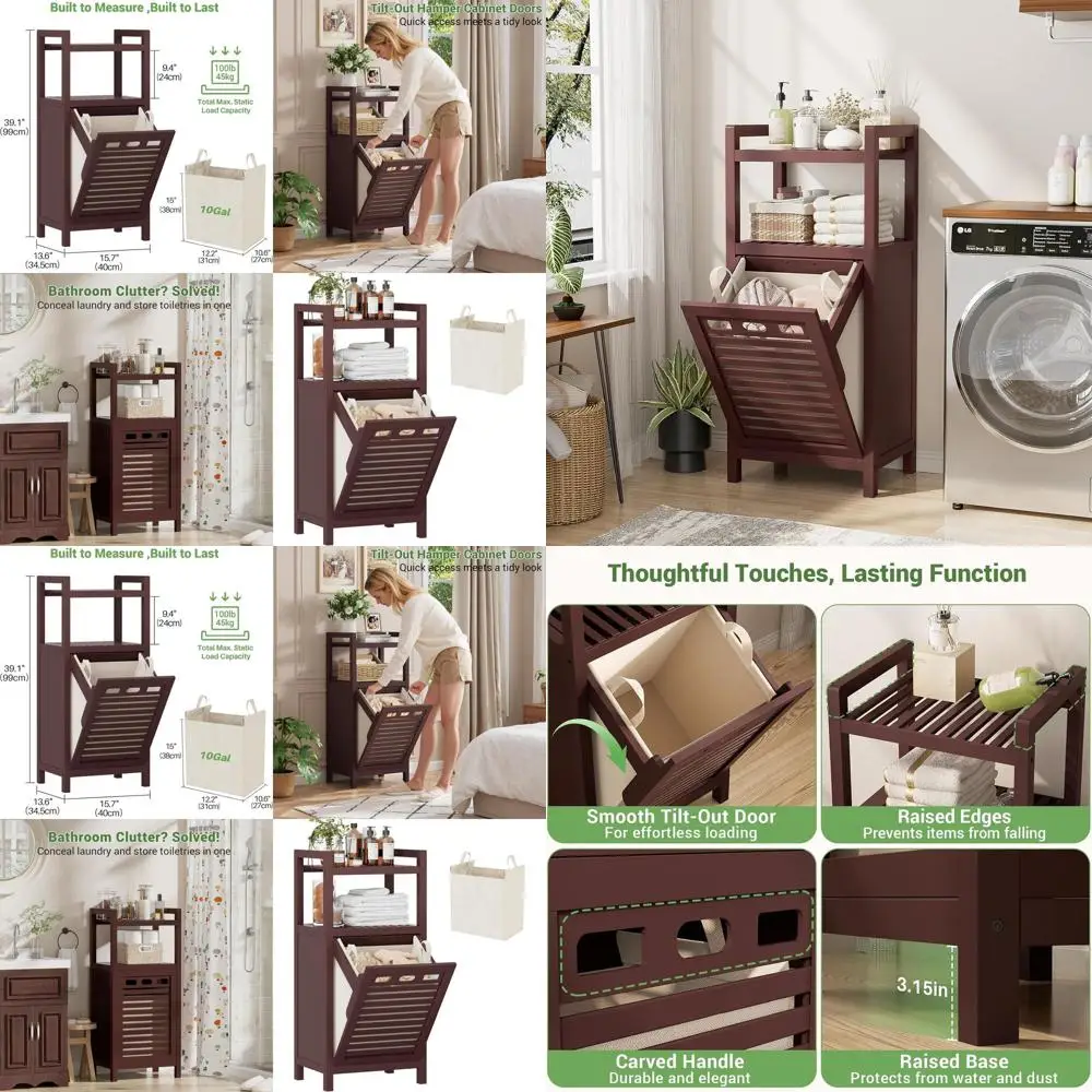 

10 Gallon Bamboo Laundry Hamper Cabinet with Removable Basket, Space-Saving Organizer for Dirty Clothes in Bathroom or Laundry R