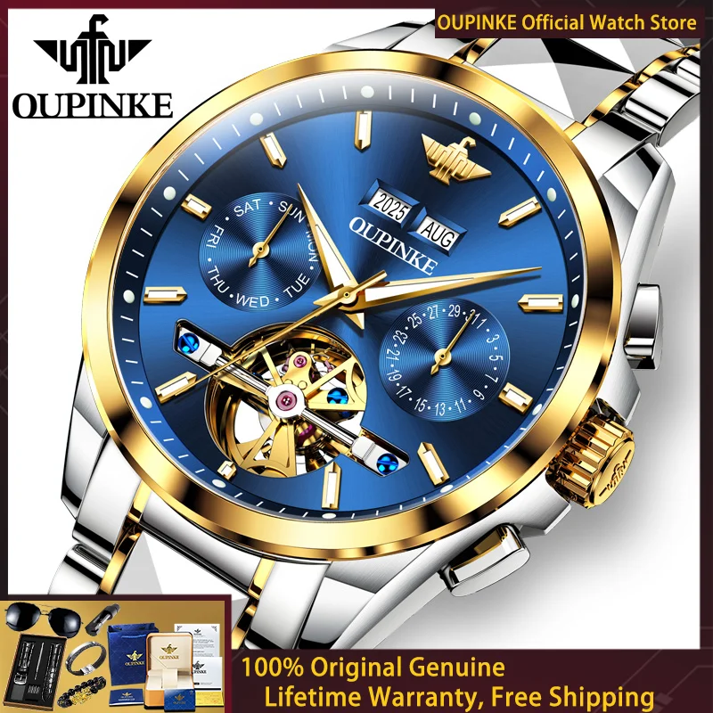 OUPINKE Fully Automatic Mechanical Watch Men Original Multi functional Waterproof Chronograph Skeleton Flywheel Men Watch 3290