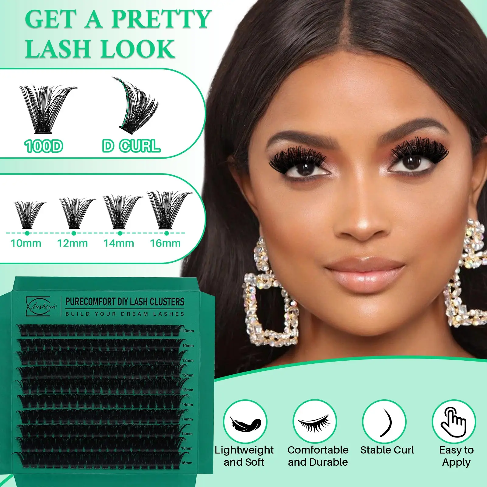 LASHSUN 200PCS 100D DIY Cluster Lashes Kit 10-16mm Mixed D Curl Wispy Soft And Comfortable False Eyelashes Long-Lasting Lashes K