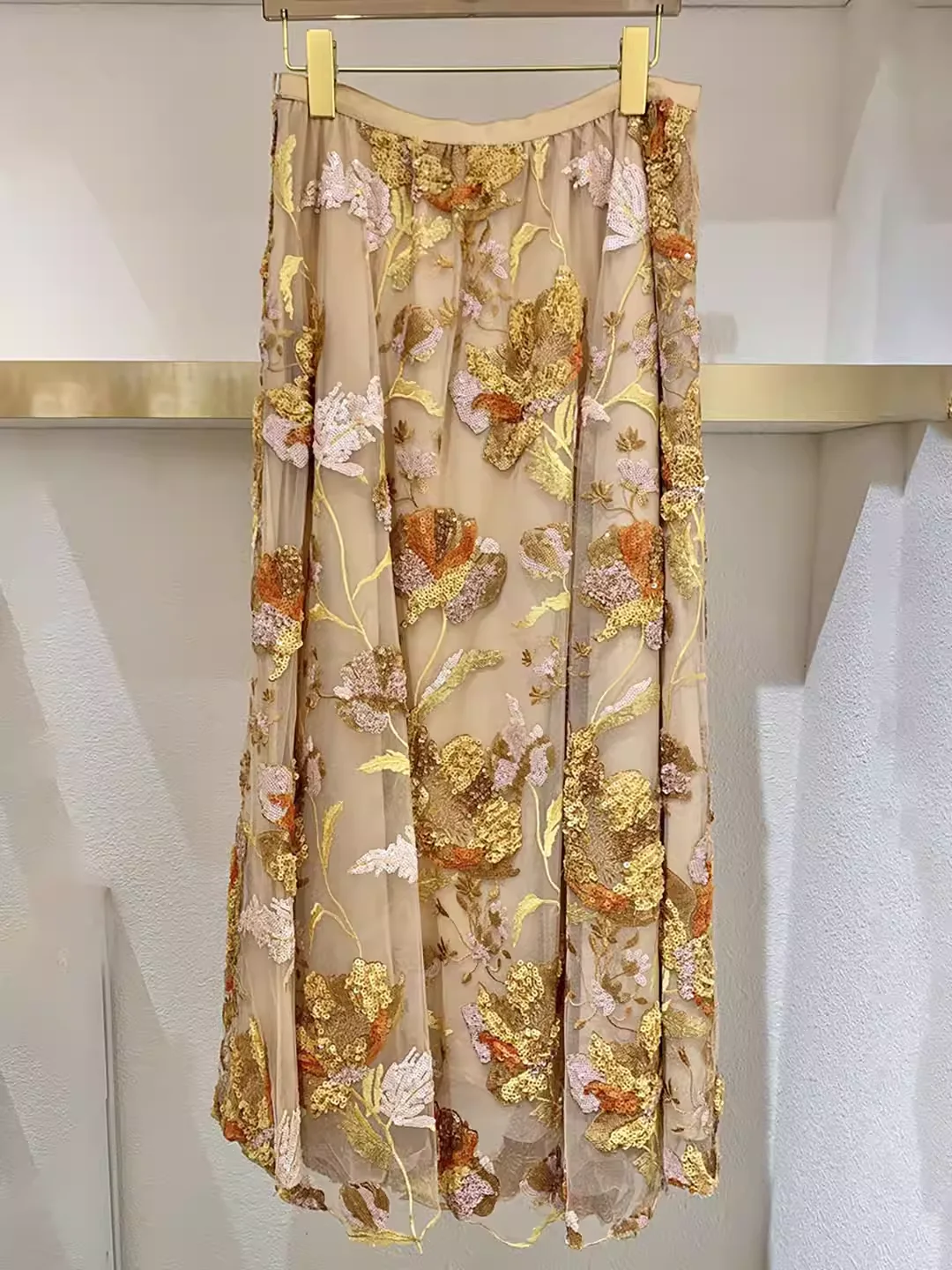

Sexy Women's Silk Skirt Transparent Fashion Ladies Beige Embroidered Mesh Midi Skirt Casual Black Sequins Skirt Long
