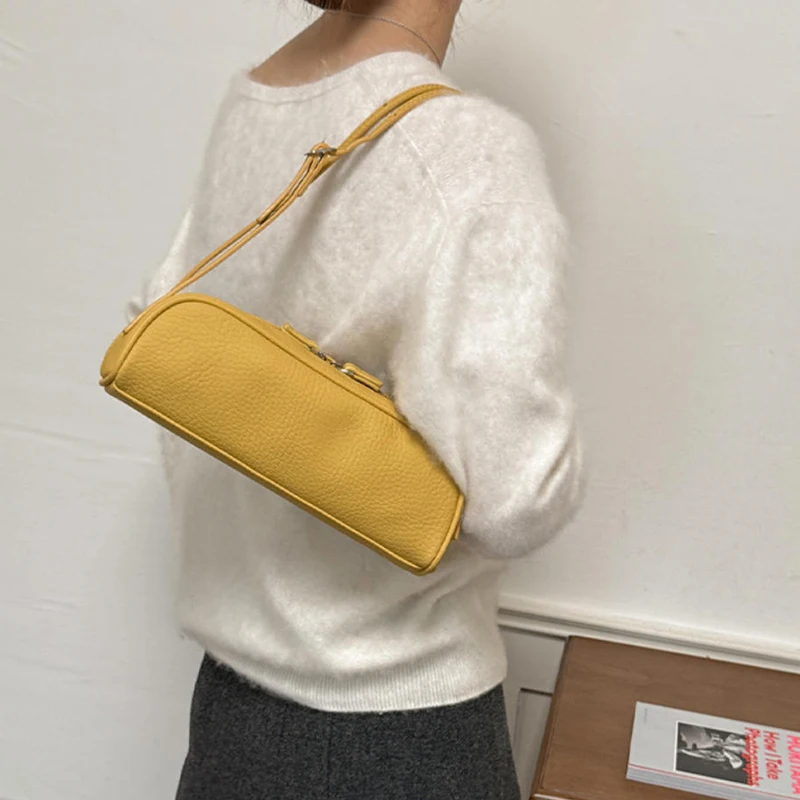 Koreanische Lychee-Textur Schultertasche, Damen Einfarbige Minimalistische Unterarmtasche, Vintage Pendler-Handtasche mit Reißverschluss – Detail 11