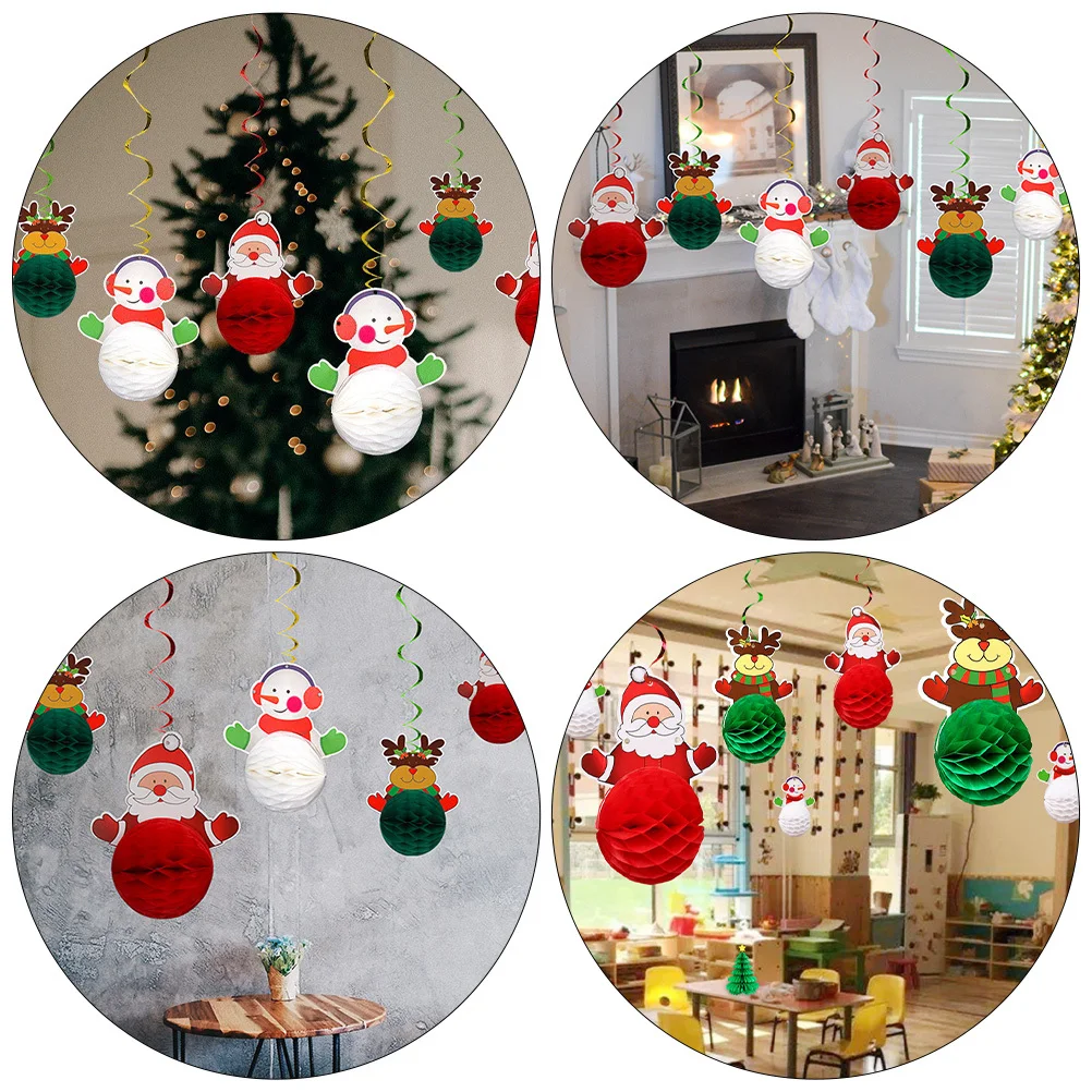 

6Pcs Xmas Paper Pendants Spiral Hanging Christmas Decorations for Tree Home Party Decor Lovely Honeycomb Cartoon Ornament Kit