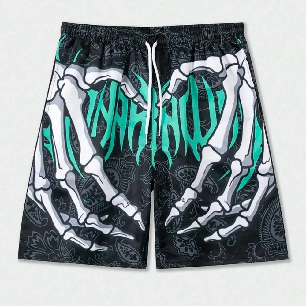 Harajuku Skull Hand Element 3DPrint Men's Loose Large-sized Shorts Outdoor Street Breath Quick-dry Vacation Beach Surfing Shorts