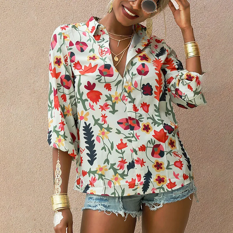 

Women Comfort House Commute T-Shirts Long Sleeve Single Breasted Office Lady Leisure Shirts Floral Print Lapel Loose Casual Tops