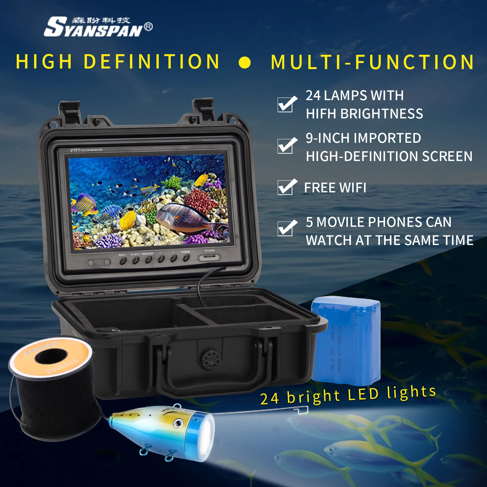 SYANSPAN DVR 9" Monitor Video Camera IP68 Waterproof HD 1200TVL 24 LEDs Infrared/White Light Deep Well Underwater Exploration