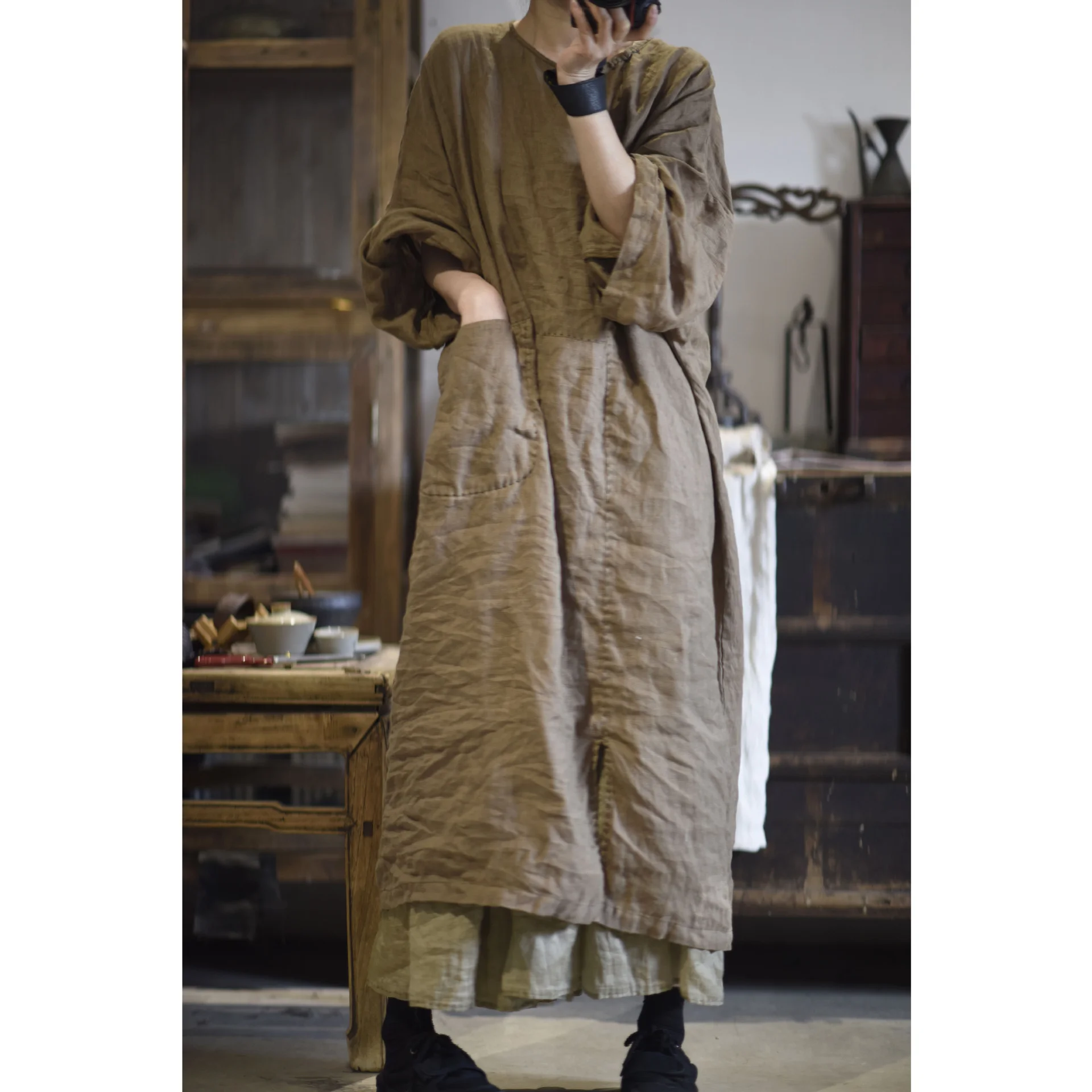 Original Spring New Artistic Color Woven Stripe Linen Open Cardigan Belted Dr round Ne Pullover Long Robe 