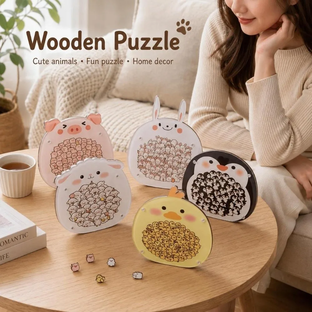 Brain Burning Little Rabbit Wooden Puzzle Animal Puzzle Little Lamb Penguin Jigsaw Colored DIY Assembly Unique Irregular Puzzle