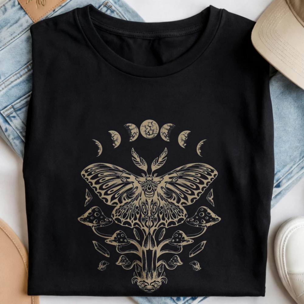 Moth Moon Phase Tee Trendy Cotton Tshirt Witchy Cottagecore Streetwear Mystical Mushroom Crystal Motif Nature Lovers Casual Tops