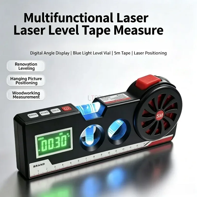 4 in 1 Multifunctional Level Gauge with 5m Tape Measure 3 Horizontal Bubbles Laser Line Level Digital Angle Display Measuring