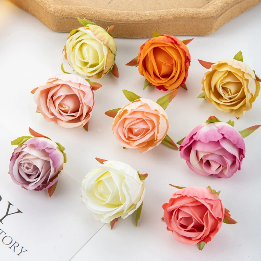 

10Pcs 4Cm Artificial Flowers Cheap Scrapbooking for Home Decoration Diy Candy Box Wedding Fake Roses Bud Christmas Craft Garland