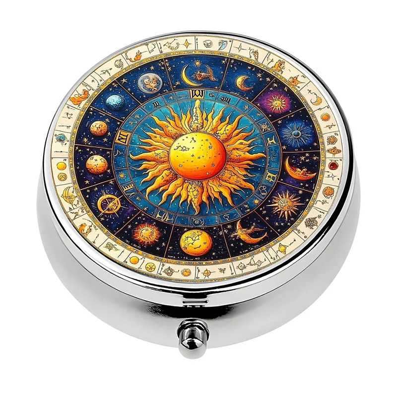 A single-layer wallet-sized pill box, featuring three compartments and a zodiac design, is perfect for carrying medication while traveling and easily fits into a wallet or bag
