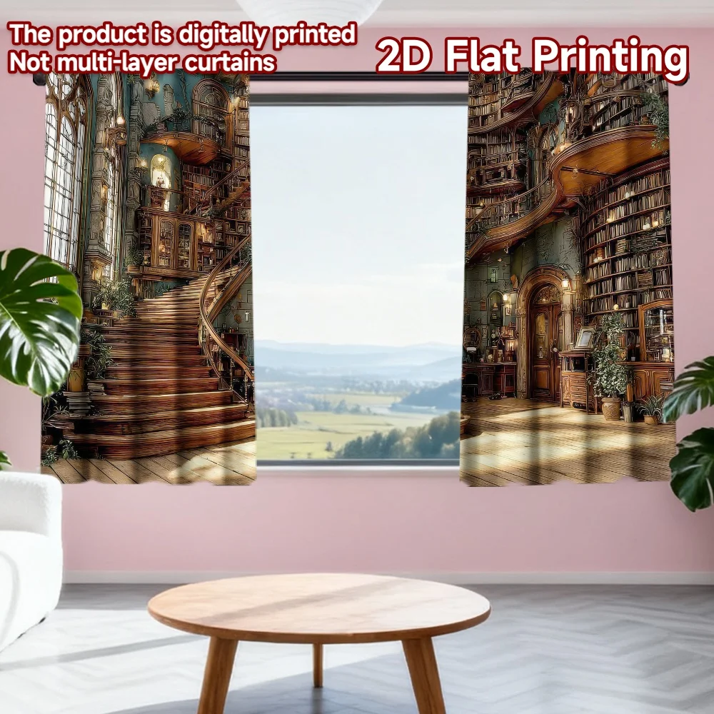 

2D flat printing 2pcs Curtains Grand Curved Wood Staircase Digital Printed Polyester Drapes Family Party Decoration Perfect for