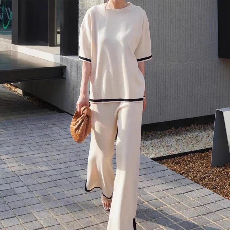 Spring Women Split Short Sleeved Top Elastic Band Wide Leg Pants Two-piece Set Loose Home Clothing Casual O-neck Thin Set Summer