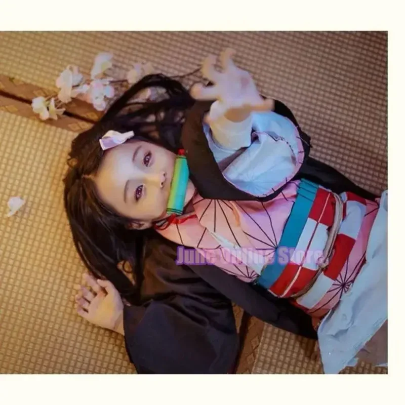 Anime Kamado Nezuko Cosplay Fantasias, Assassino de Demônios, Kimetsu no Yaiba, quimono, Haori, peruca, tamancos, terno para adultos, crianças, Halloween
