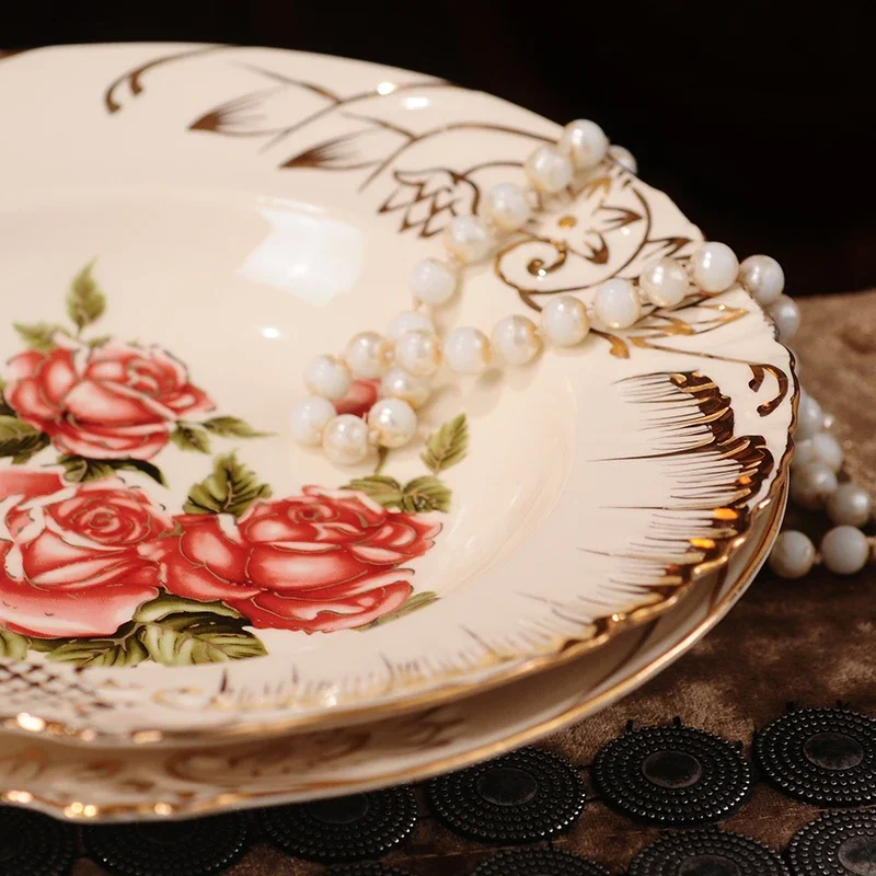 European-Style Ceramic Tableware Gold-Plated Rose Ceramic Gold Plate Dishes Dim Sum Plate Fruit Plate Dish Dim Sum Dish