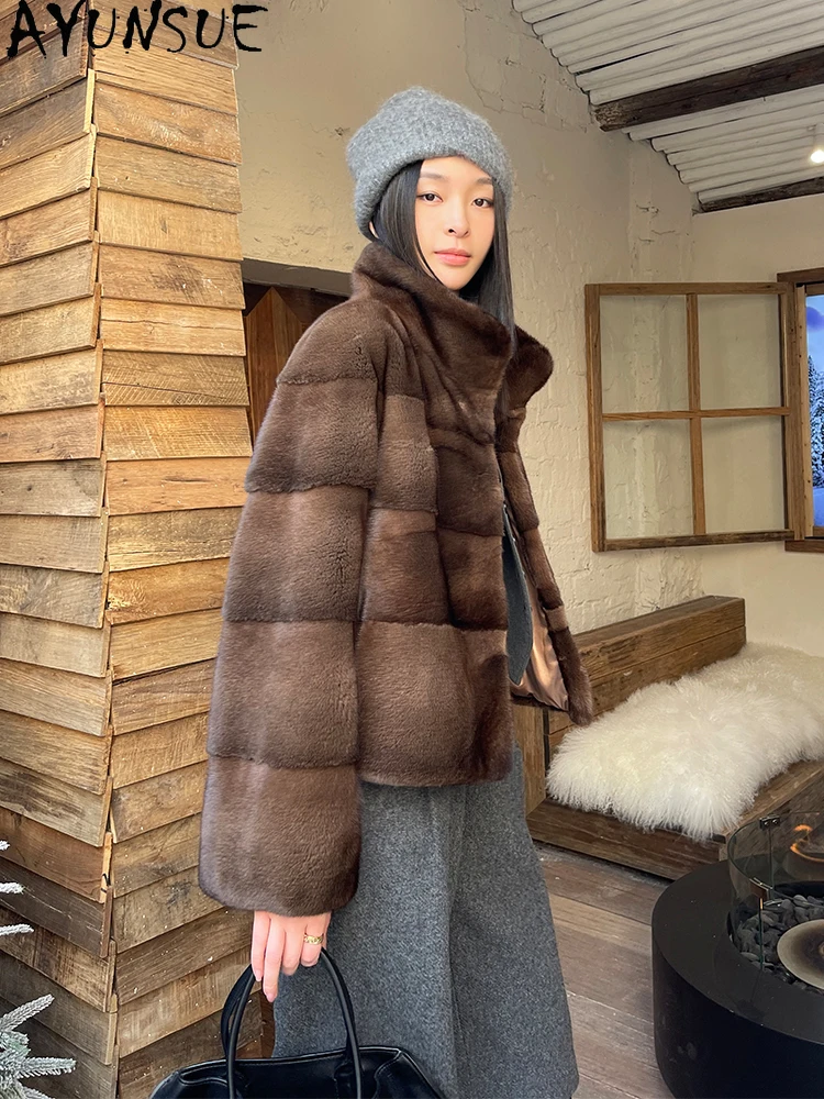 

AYUNSUE Natural Mink Fur Jacket Woman Stand Collar Luxury Whole Mink Jackets for Woman Clothes High Quality 2025 Шуба Женская
