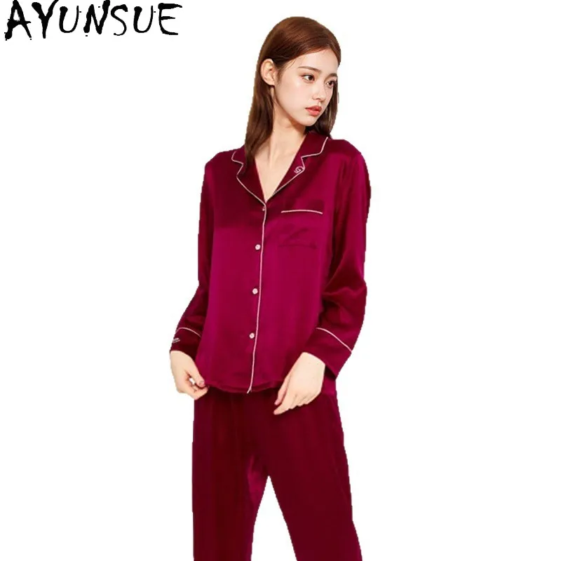AYUNSUE 100% Mulberry Silk Sleepwear Women Clothes Summer Pajama Sets 19Mm Silk Casual Pants Tops Two-piece Set Пижама Женская