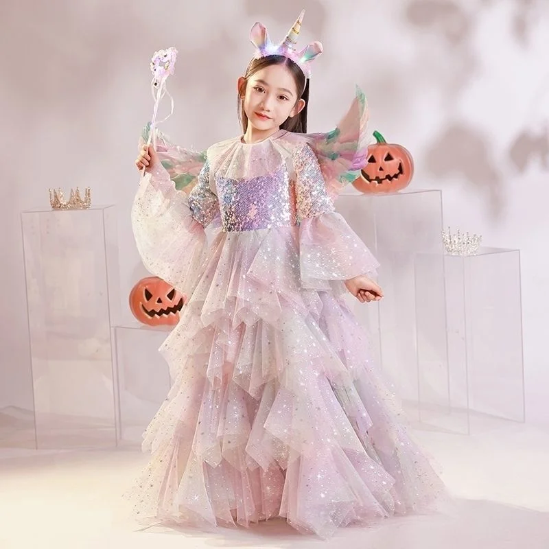 Traje de halloween crianças lantejoulas vestido de princesa meninas cos bruxa papel jogar vestido de festa mostrar