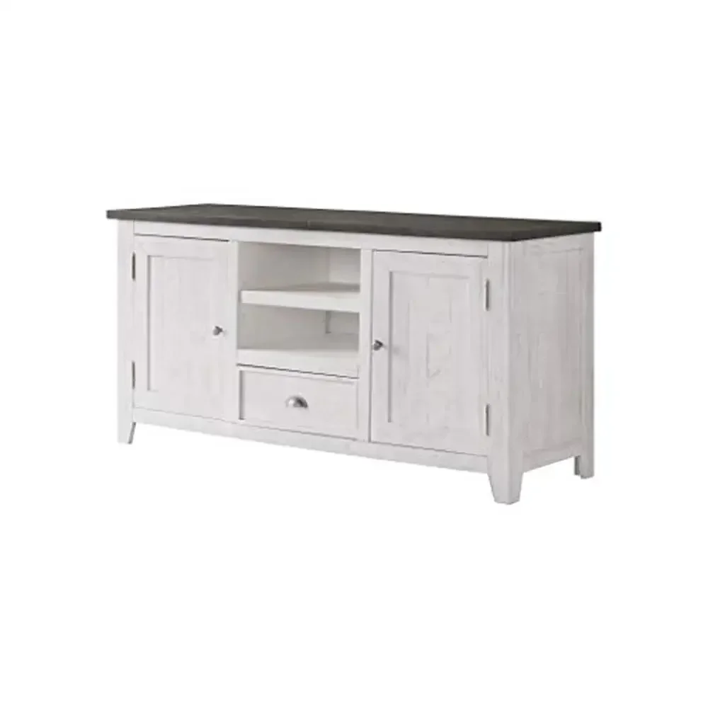 White Painted Stain Grey Top TV Stand Chilean Pine Solid Wood Storage Drawer Cabinet Open Cubby Farmhouse Coastal Antique Pewter