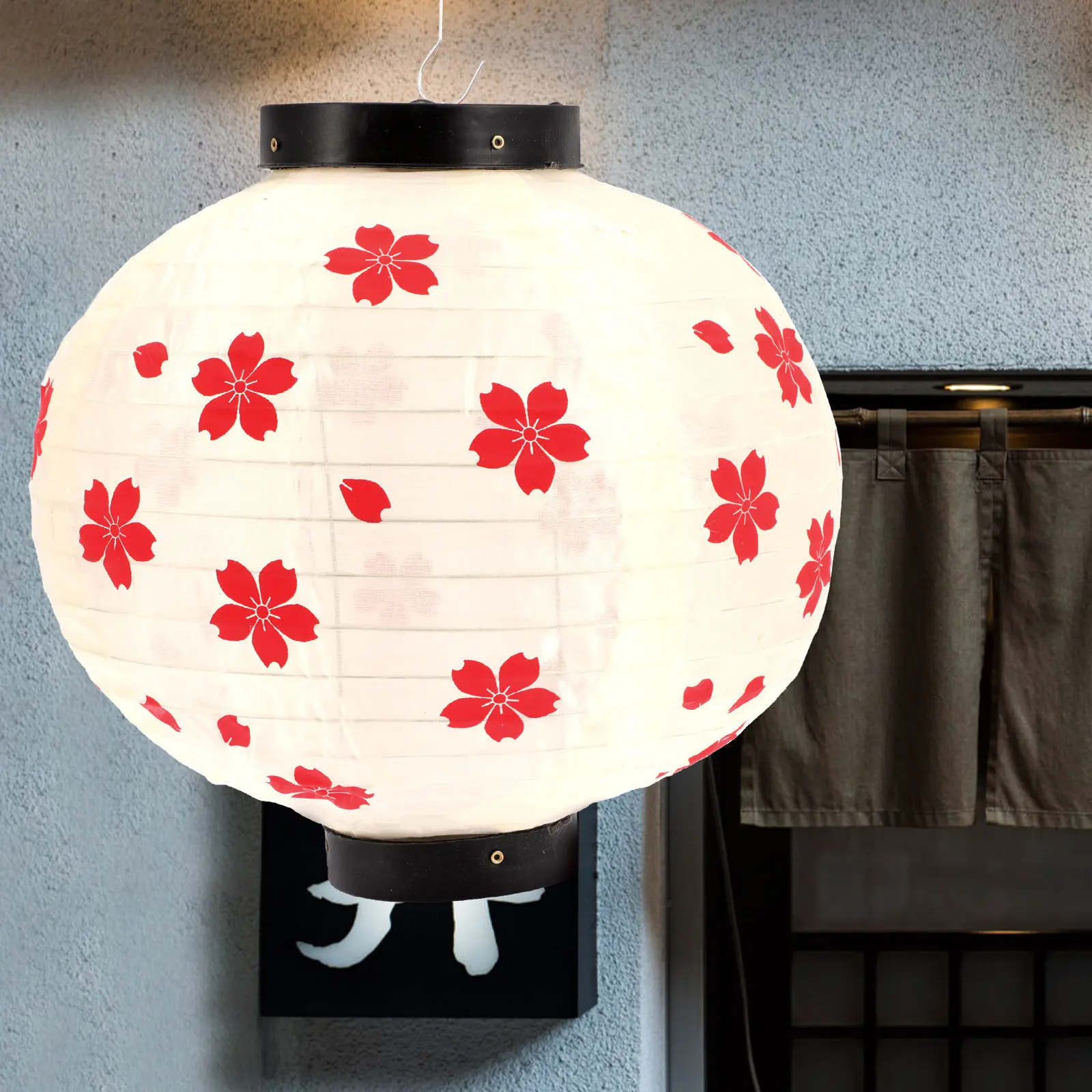 Foldable Japanese Lantern Silk Fabric Cherry Flower Pattern Hanging Light for Outdoor Garden Home Restaurant Decor Creative