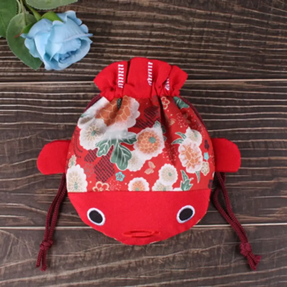 Cartoon Animal Canvas Flower Drawstring Bag Red Color Bag New Year Gold Fish Shape Handbag Coin Purse Korean Style